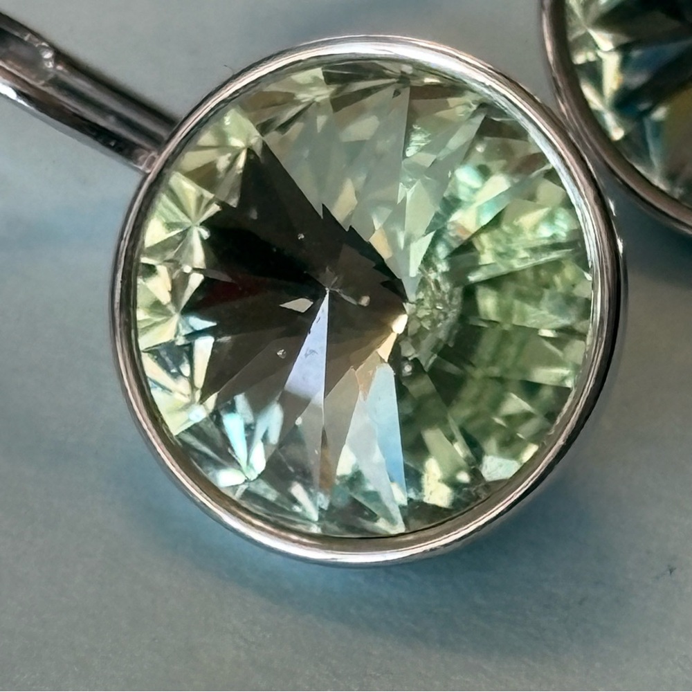 Light Lime Green Small Bella-Style Swarovski Crystal Rhodium Leverback Earrings - Picture 9 of 16